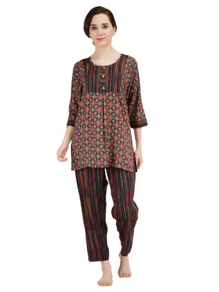 KOI SLEEPWEAR Women Kurti Pant Nightsuit Set - Black (Large)