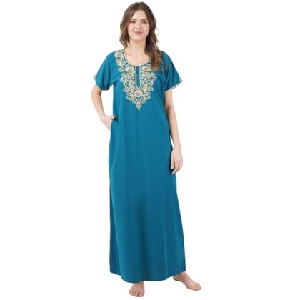 KOI SLEEPWEAR Women's Cotton Blend Floral Embroidered Maxi Length Nightgown (Peacock Green, 2XL/3XL)