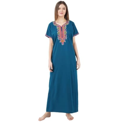 KOI SLEEPWEAR Women's Cotton Blend Embroidered Maxi Length Nightgown Peacock Blue