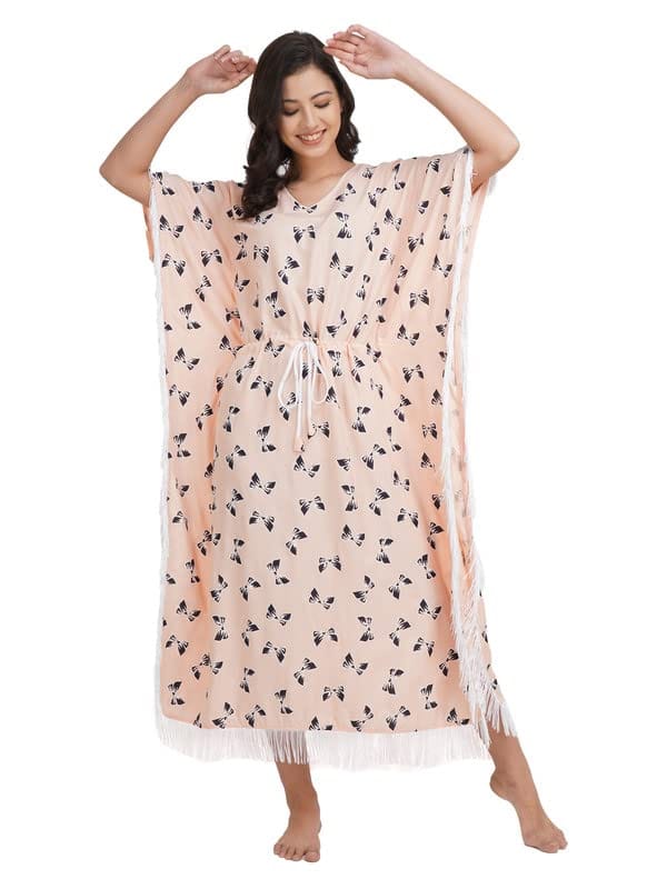 KOI SLEEPWEAR Light Peach Kaftan with Beautiful Bow-Print (L)