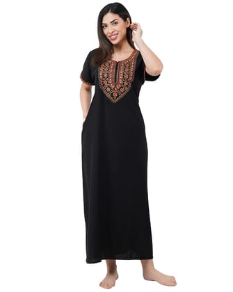 KOI SLEEPWEAR Premium Women Embroidery Night Gown Lizzybizzy with Mirror Work Cotton Nighty Maxi (Large, Black)�