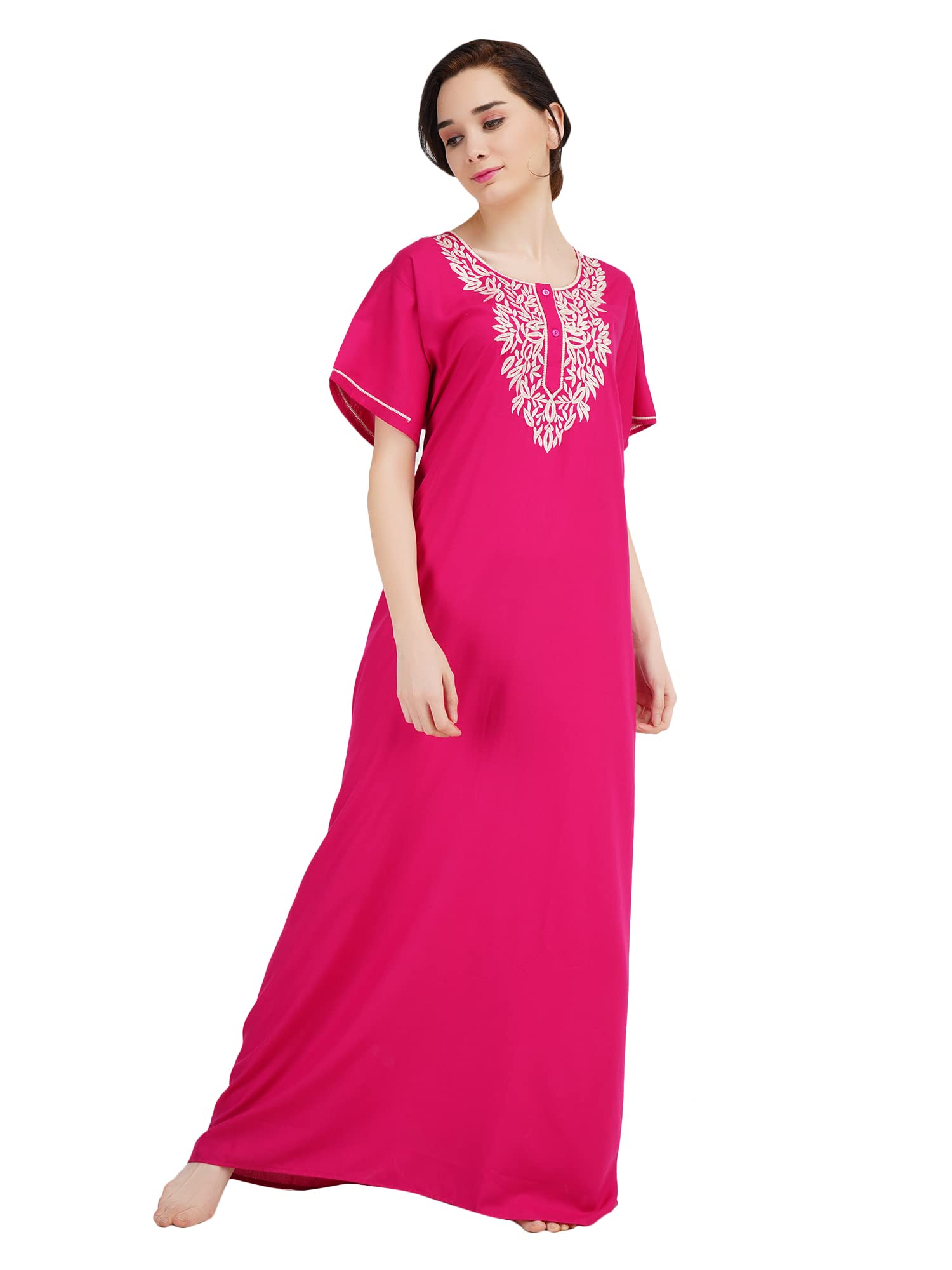 VALENCIA SLEEPWEAR Women's Cotton Embroidered Maxi Nighty (VS-NpiVS-Nk_LP1_Pink_Free Size)