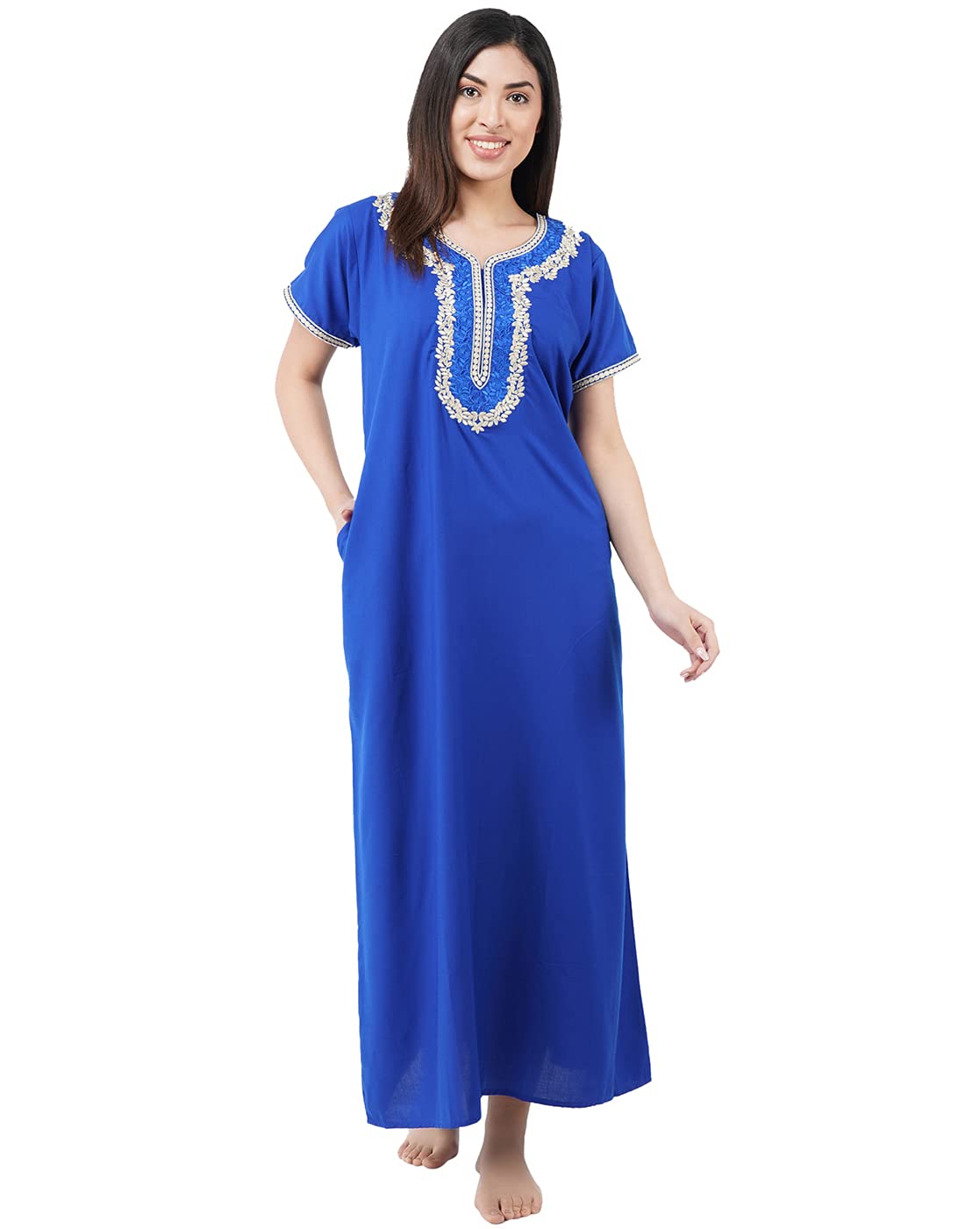 KOI SLEEPWEAR Premium Women White Contrast Embroidery Night Gown Lizzybizzy Cotton Nighty Maxi (X-Large, Royal Blue)�