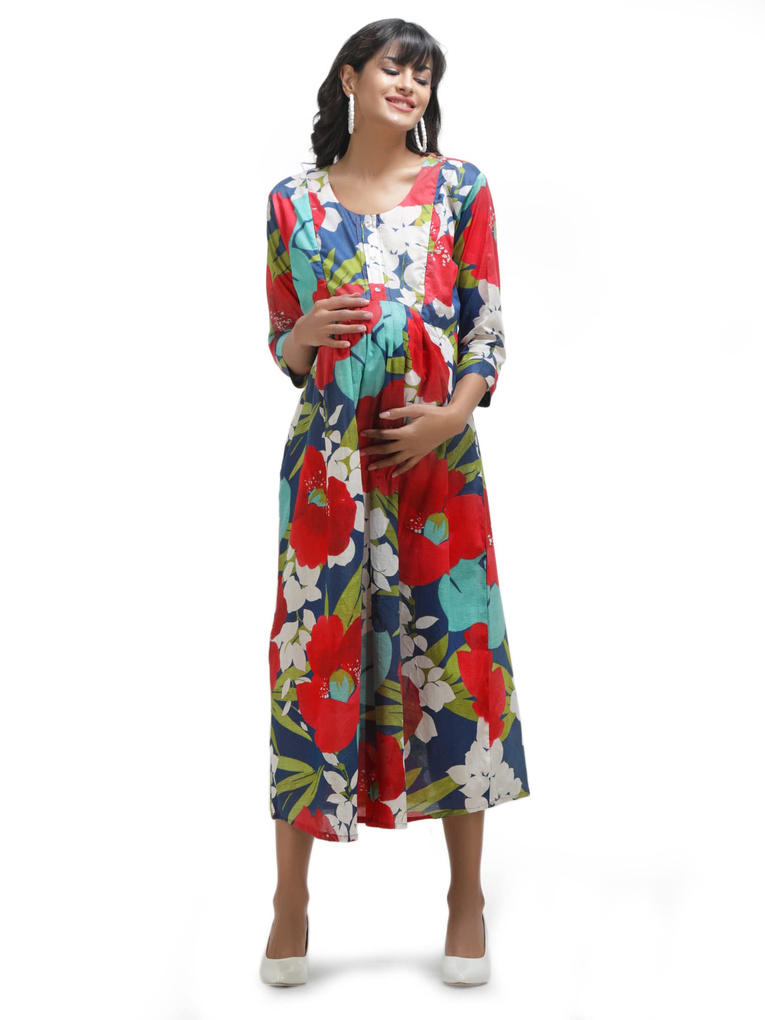 KOI Casual Maternity Dress with Floral Print Red Green