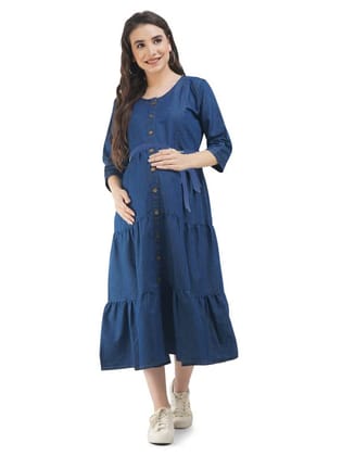 KOI SLEEPWEAR Denim Full Frock with Button &Feeding Pockets