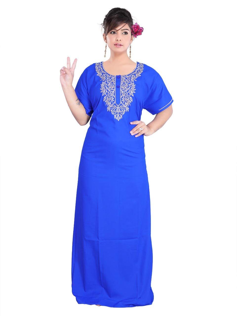 VALENCIA SLEEPWEAR Women's Cotton Embroidered Maxi Nighty (VS-Nroyalblue_LP1_Royal Blue_Free Size)