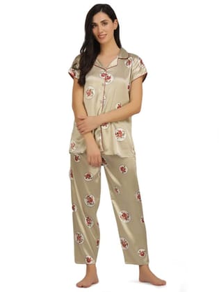 KOI SLEEPWEAR Satin Tan Rose Flowers Nightsuit for Women