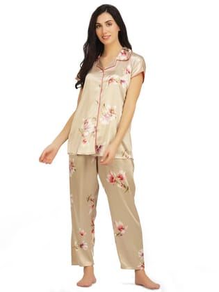 KOI SLEEPWEAR Satin Tan Floral Nightsuit for Women