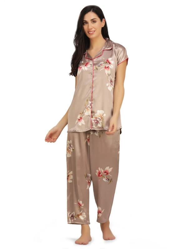 KOI SLEEPWEAR Satin Rose Gold Floral Nightsuit for Women