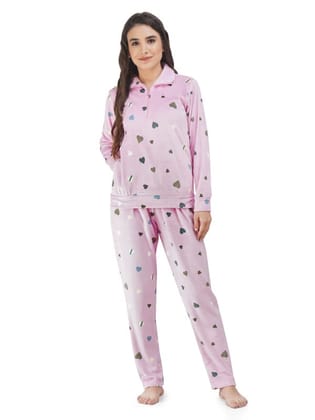 Soft Velvette Long Night Suit with Heart Print