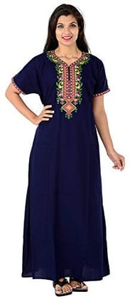 Valencia Cotton LizzyBizzy Embroidery Nighty Nightwear Maxi Nightgown Plain Navy Blue