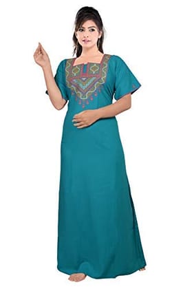 VALENCIA SLEEPWEAR lissybissy Cotton Resham Embroidery Nighty Night Gown Maxi for Women A line (New Blue)