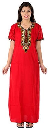 Valencia Cotton LizzyBizzy Embroidery Nighty Nightwear Maxi Nightgown Plain Red