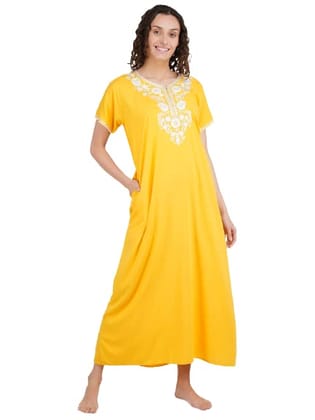 KOI SLEEPWEAR Premium Cotton lissybissy Yellow Resham Embroidery Nighty Maxi Nightgown a Comfortable fit with Work for Women��