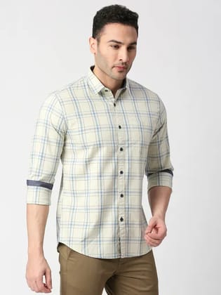 Men Collar Neck Long Sleeves Checked Beige Shirt