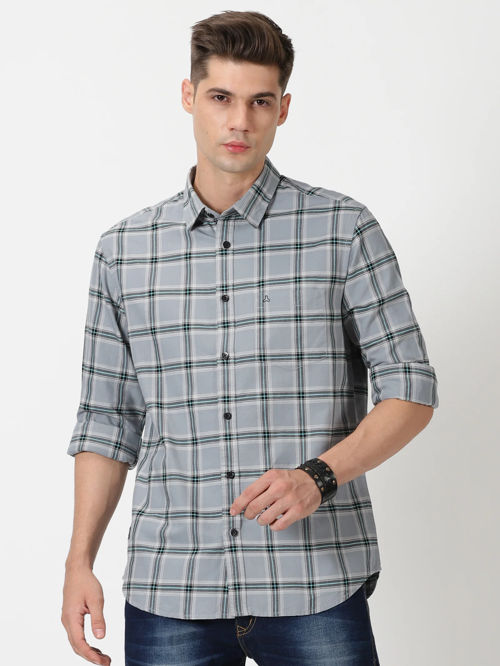 MEN'S LT GREY CHECKS SLIM FIT SHIRT