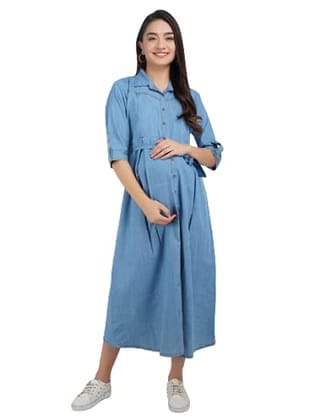 KOI SLEEPWEAR Women's Denim Maternity Gown with Feeding Pocket Maxi Night Gown for Pregnant Women (Large, Light Blue)