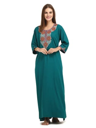 KOI SLEEPWEAR Lissybissy Cotton Nine Flowers Embroidery Full Sleeve Night Gown Teal Blue