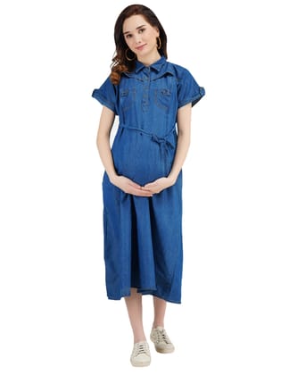 KOI SLEEPWEAR Women's Dark Denim Maternity Front Pocket Breastfeeding Gown Dress with Feeding Pocket Maxi Night Gown for Pregnant Women - (XX - Large)