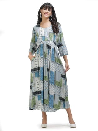 KOI Casual Maternity Dress with Square Print Blue