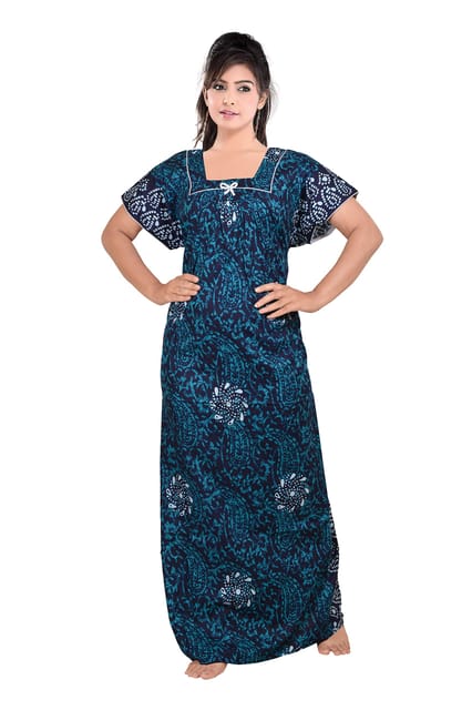 VALENCIA SLEEPWEAR Pure Cotton Printed Square Neck Batik Nightgown Nighty  with Pleades for Extra Comfort