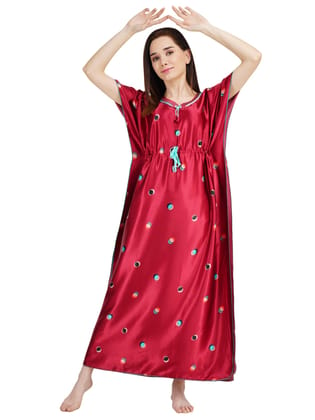 KOI SLEEPWEAR Women's Satin Kaftan Gown with Balls/ Maxi Night Gown for Women - Maroon