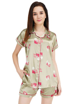 KOI SLEEPWEAR Women Satin Short Nightsuit Set - Rose Olive Green