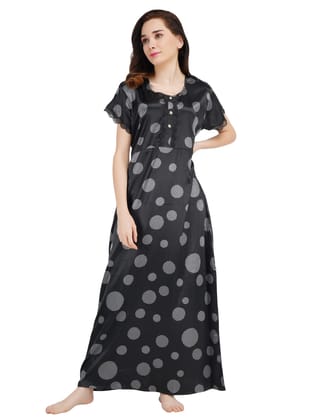 KOI SLEEPWEAR Women's Satin Nighty Frock Ball Checks / Maxi Night Gown for Women - Black