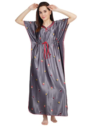 KOI SLEEPWEAR Women's Satin Kaftan Gown with Balls/ Maxi Night Gown for Women - Grey