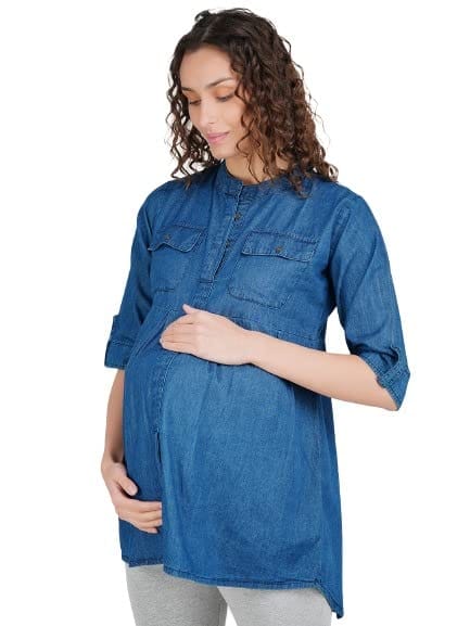 KOI SLEEPWEAR Maternity Dark Cotton Denim TOP Trendy for PREGNENT Women