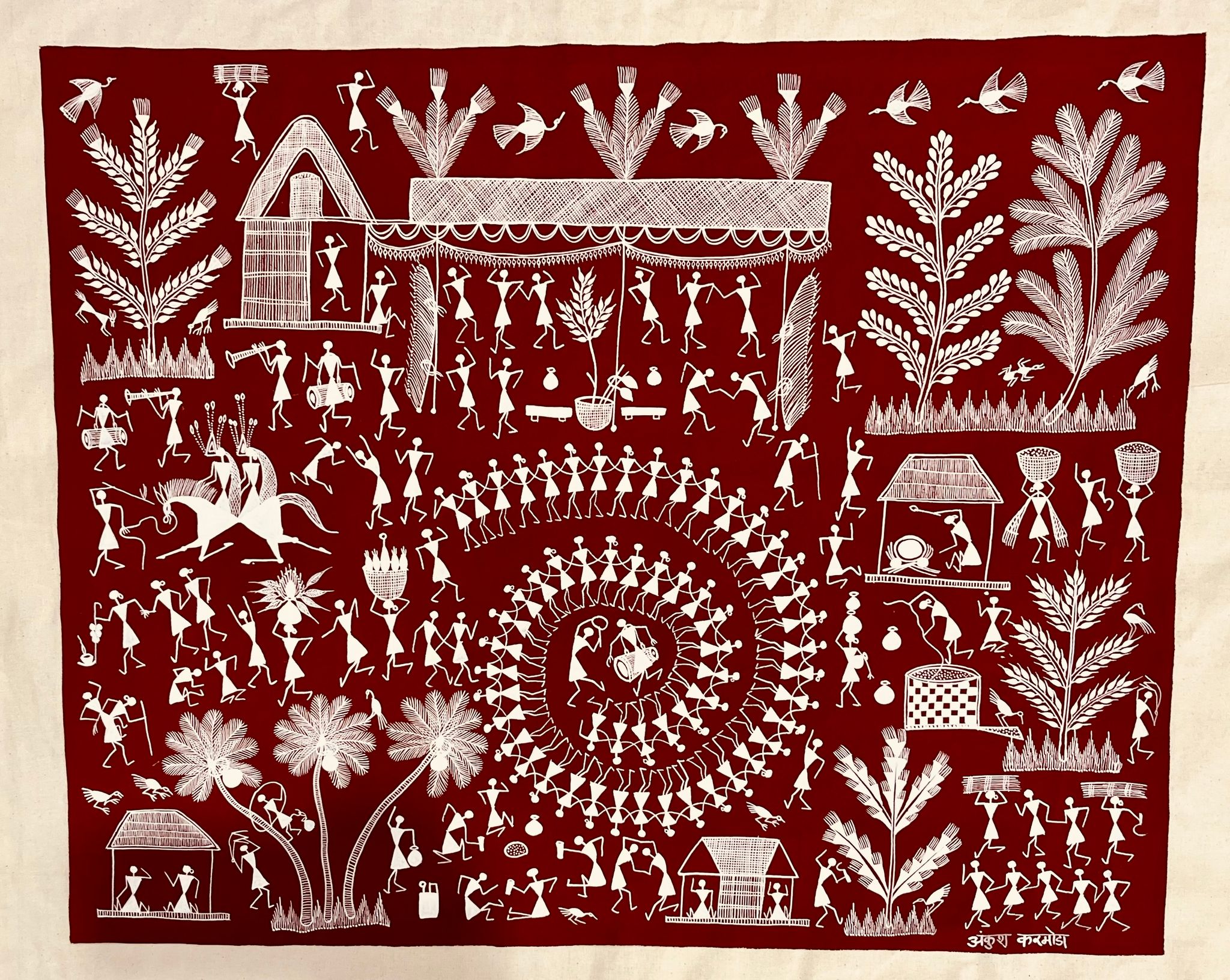 WARLI VILLAGE CELEBRATION PAINTING ON CLOTH 24x31