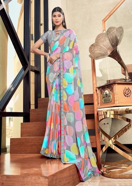 Buy WOM BAB Embellished, Self Design, Printed Daily Wear Georgette Saree ( Multicolor) Online at Best Prices in India - JioMart.