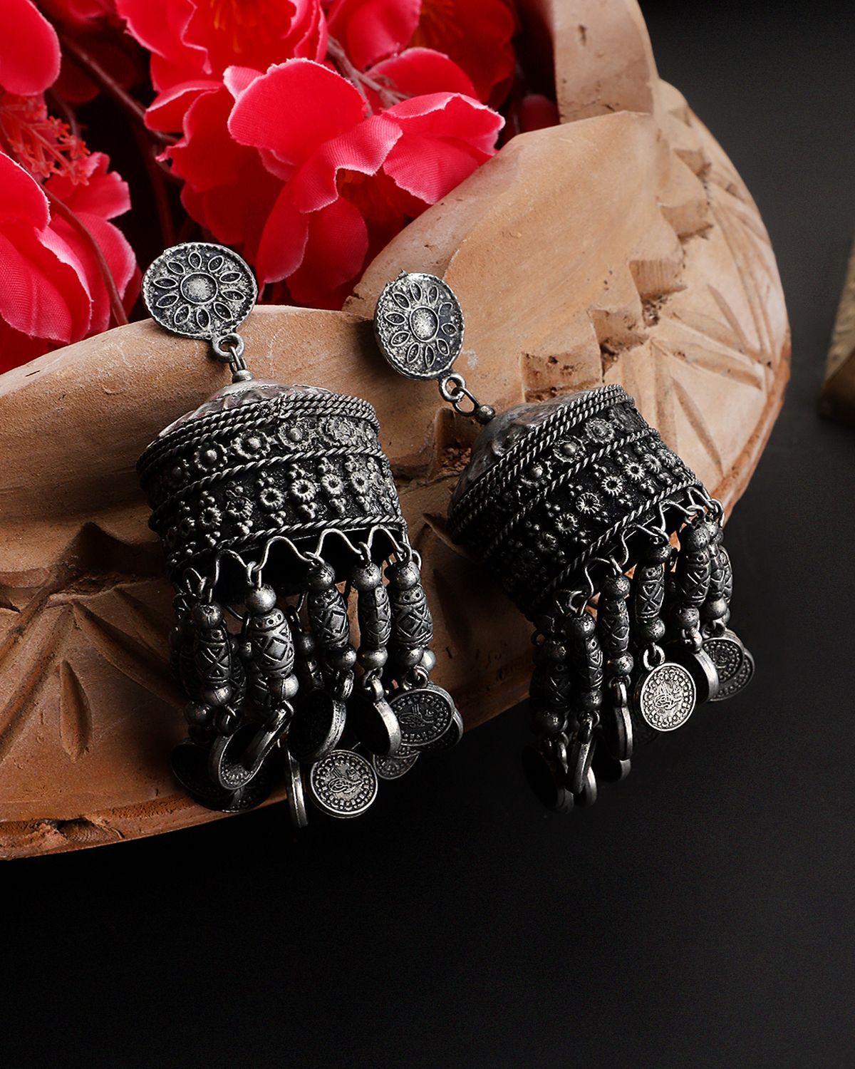 Cardinal Metallic Oxidized Jhumka Earrings