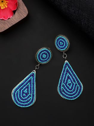Cardinal Blue & Black Oxidized Beads Weaving Geometric Design Earrings