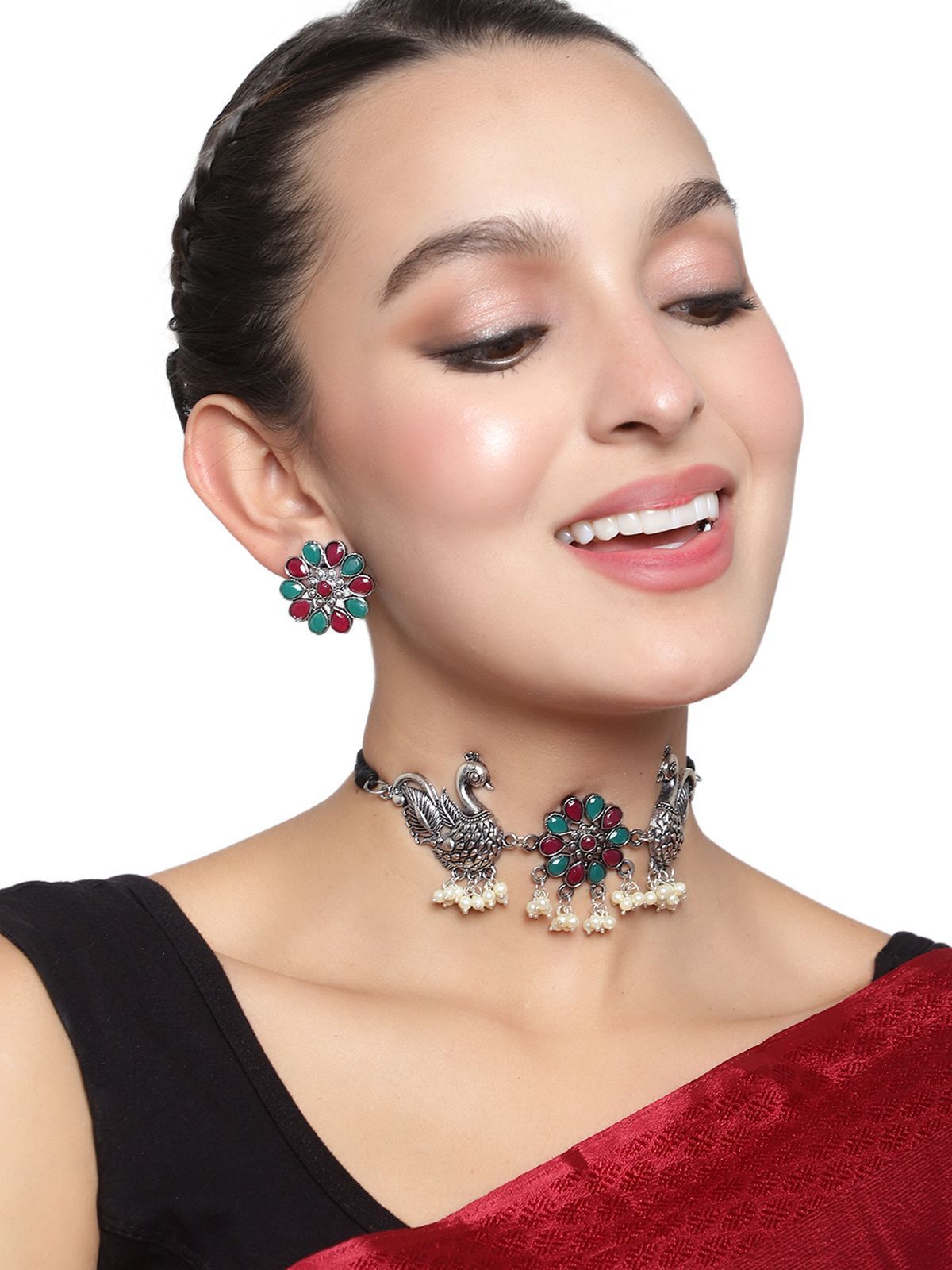 Cardinal Oxidized Silver Color Multicolor Duck Design Choker Necklace Set