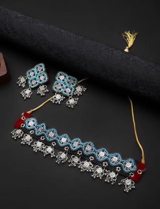 Cardinal Oxidized Multicolor Blue & Black Beads Onyx Weaving Geometric Design Choker Necklace Set