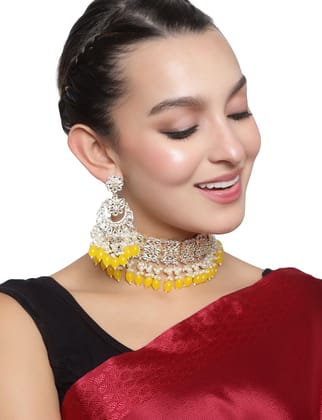 Cardinal Yellow Color Onyx Kundan Gold Plated Choker Necklace Set