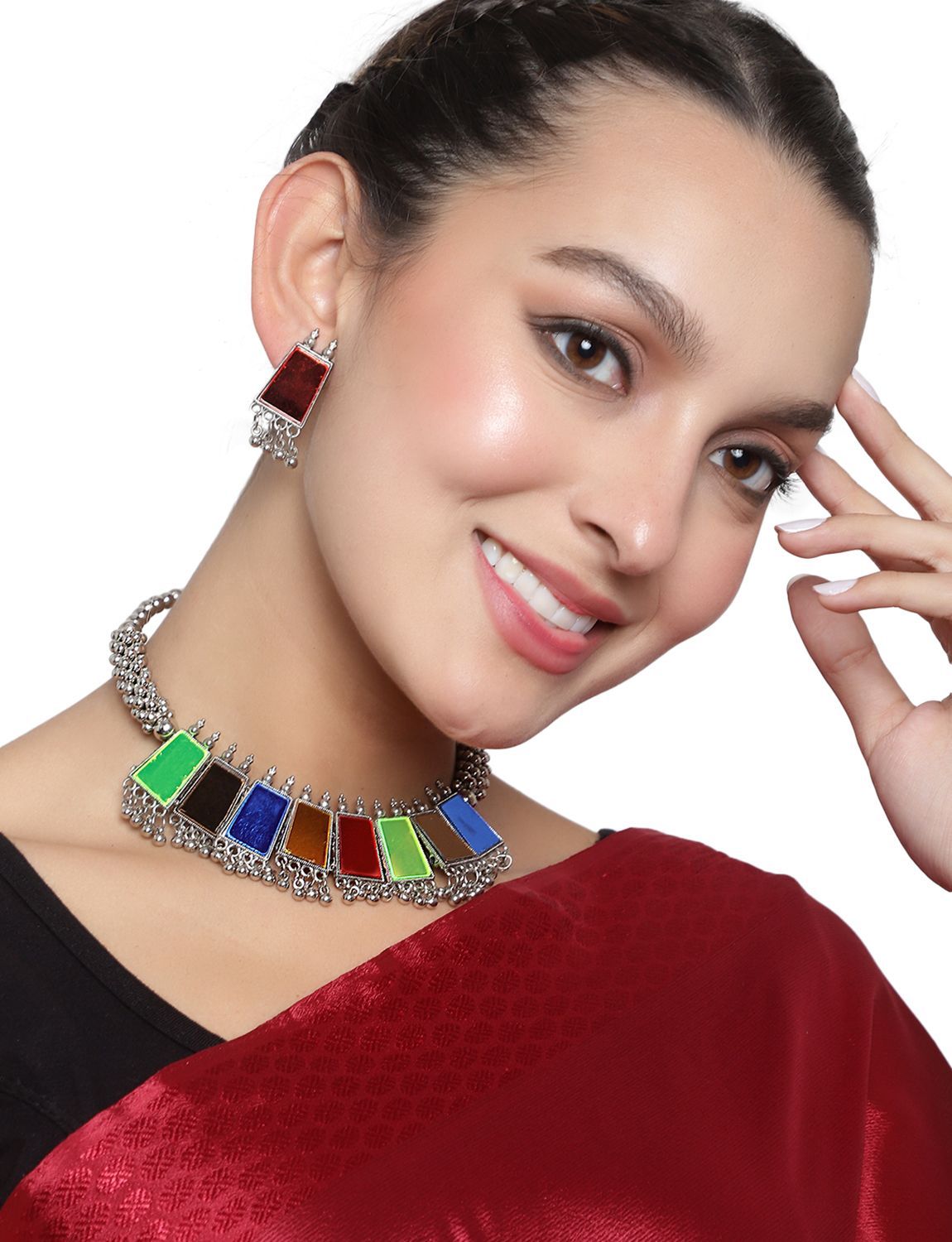 Cardinal Oxidized Silver Color Multicolor Stone Choker Necklace Set