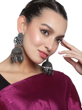 Cardinal Oxidized Antique Metallic Color Mirror Jhumka Earrings