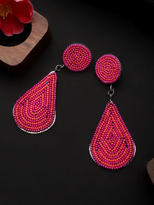 Cardinal Pink Color Beads Weaving Metal Base Geometric Design Earrings