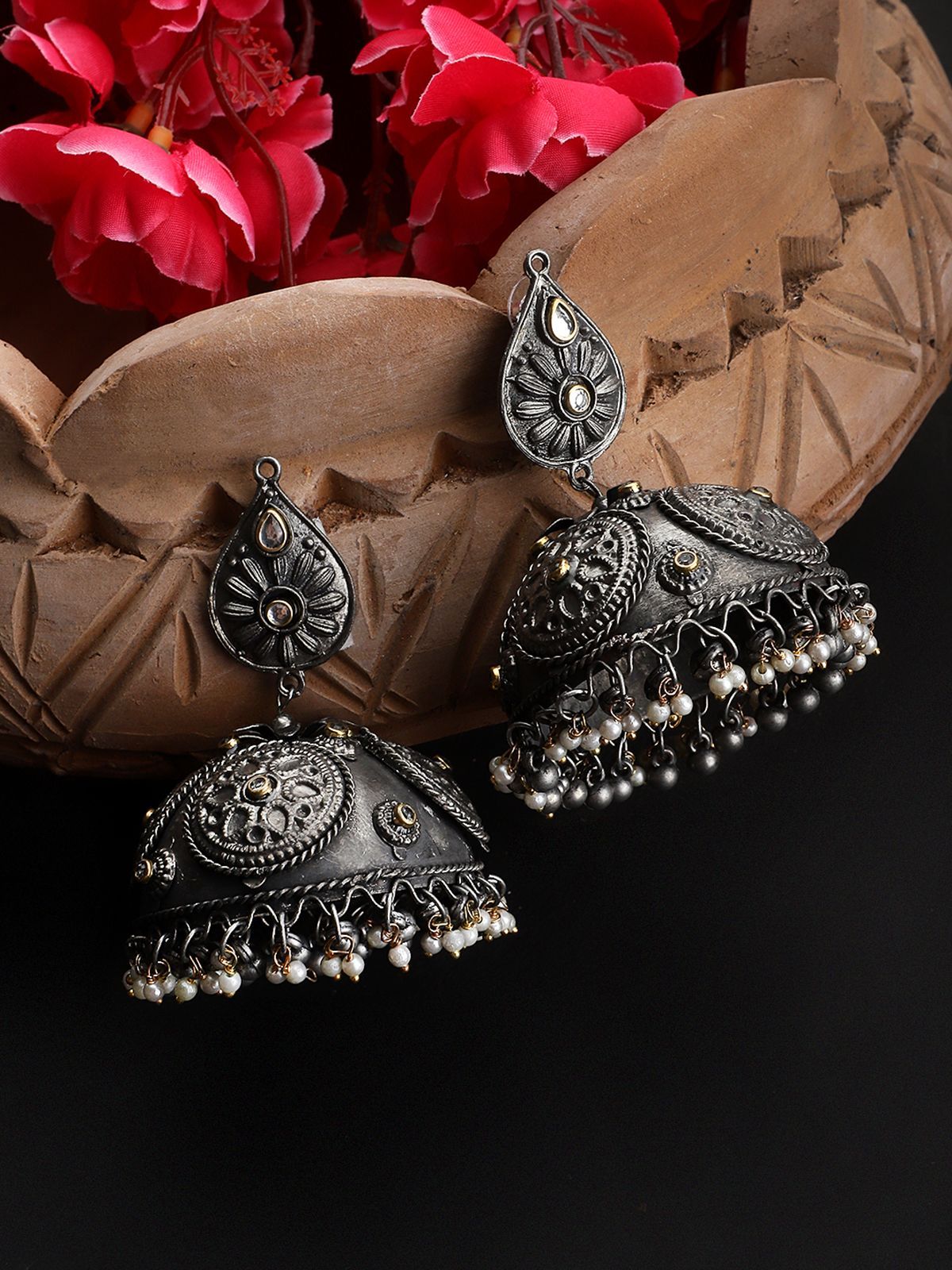 Cardinal Oxidized Metallic Kundan Light Weight Jhumka Earrings