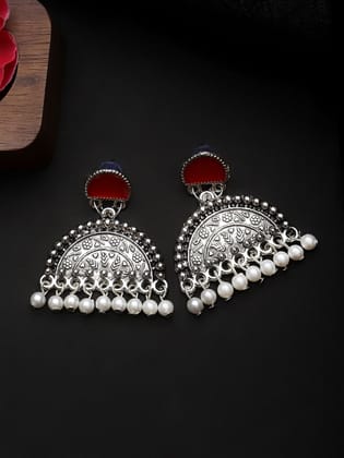 Cardinal Oxidized Silver Color Red Minakari Earrings Set