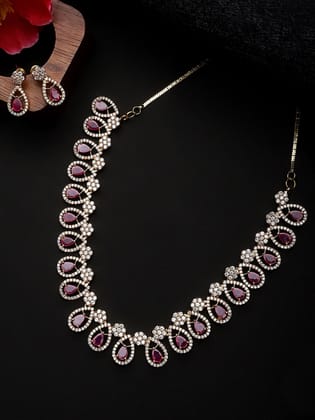 Cardinal Gold Plated American Diamond Ruby Color Stone Choker Necklace Set