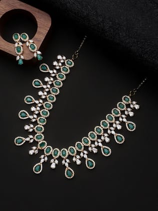 Green Color Stone Gold Plated American Diamond Choker Necklace Set