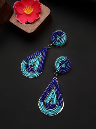Cardinal Blue Beads Weaving Geometric Design Oxidized Earrings