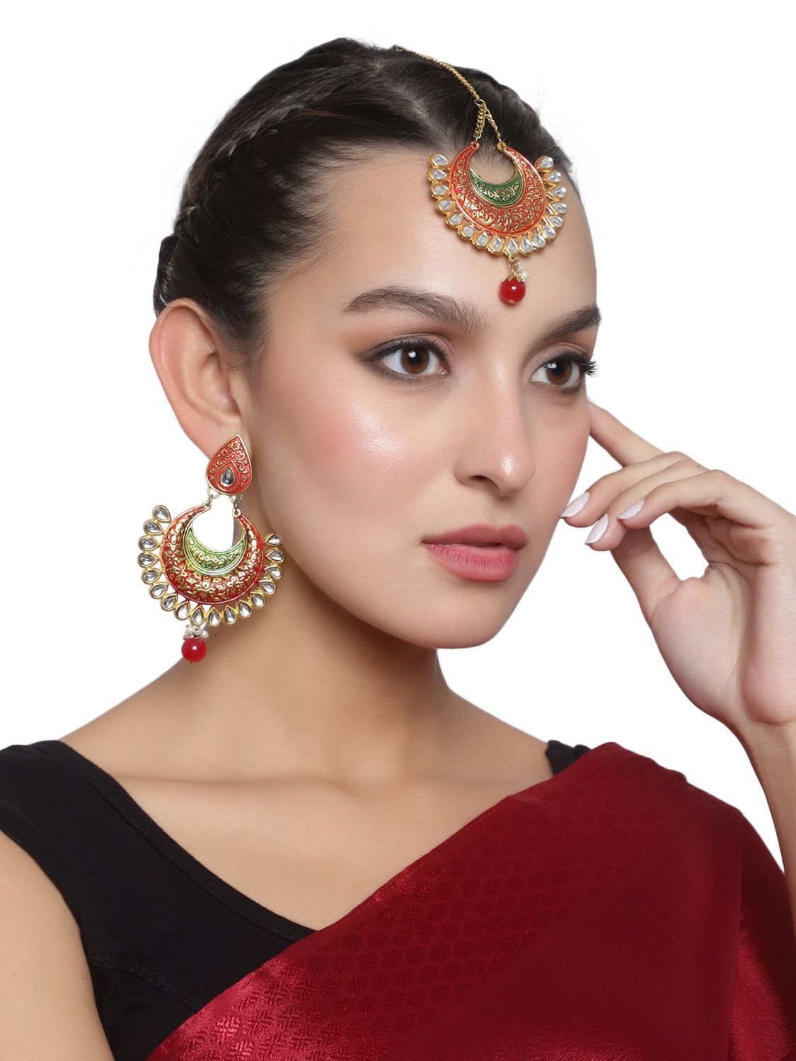 Cardinal Multicolor Minakari Kundan Maang Tika & Earrings