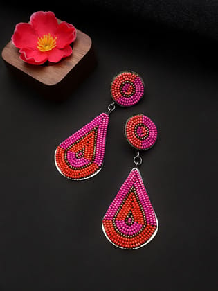 Cardinal Pink & Orange Color Beads Weaving Oxidized Geometric Design Earrings