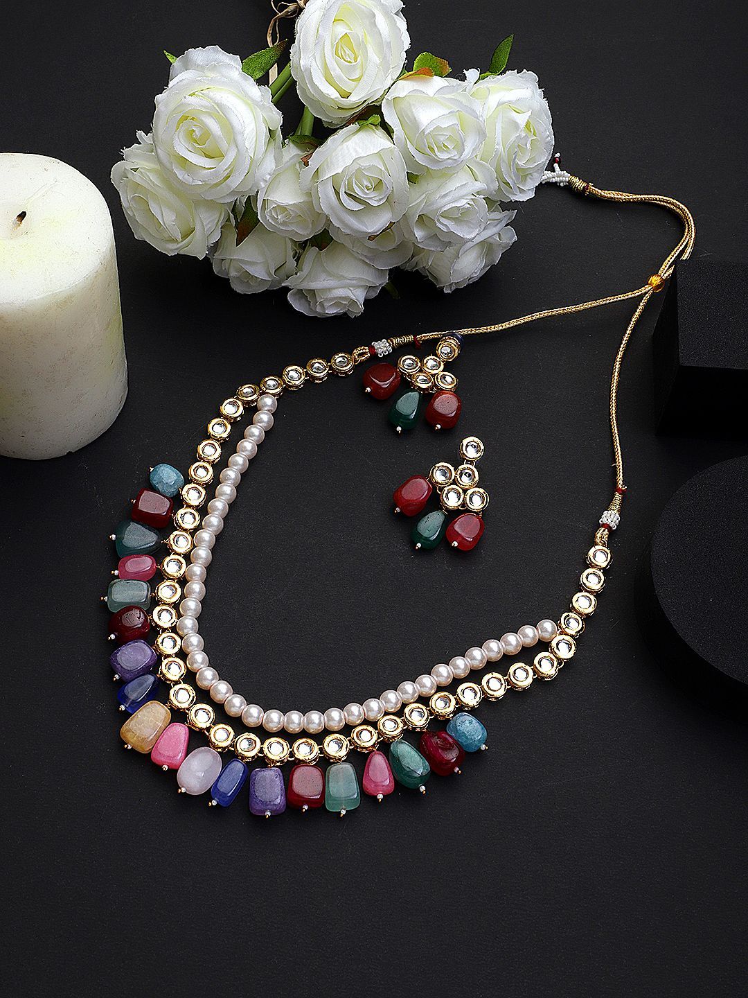 Cardinal Multicolor Kundan Multistring Onyx Long Necklace Set