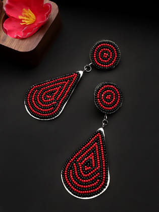 Cardinal Geometric Design Oxidized Beads Weaving Black & Maroon Earrings