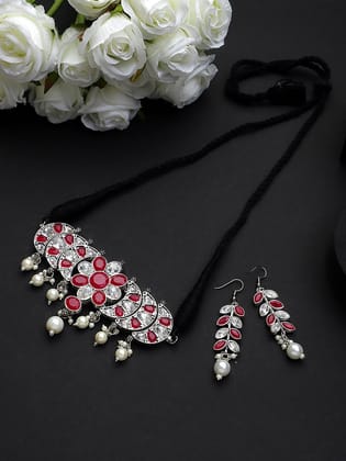 Cardinal Red & White Stone Silver Plated Choker Necklace Set